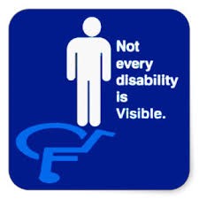 Blue square with white stick figure standing with a light blue wheelchair in mirror image. White text reads: “Not every disability is visible.” Credit: changingspaces.com