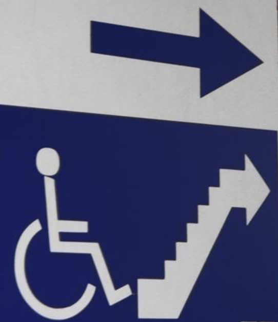 Wheelchair symbol up against symbol of stairs.