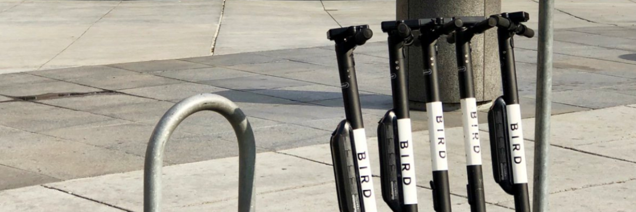 A row of bird scooters parked near a bike rack.