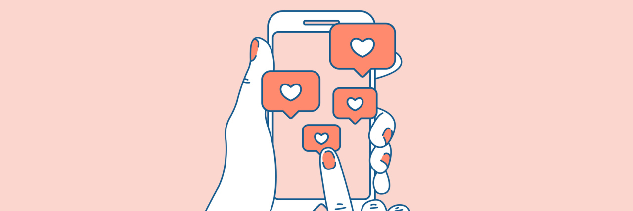 drawing of hands holding phone with hearts coming out of phone