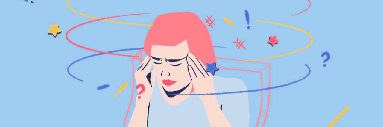 A Letter to Someone Who Was Just Diagnosed With Migraine Illustration of a woman sitting at her desk, touching her head with her hands. She looks like she is in pain, and pain lines swirl around her head