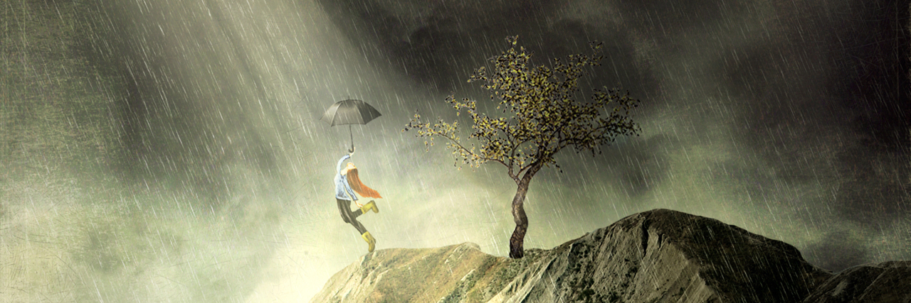Moving Beyond the Shame of Chronic Illness A girl with an umbrella dances in the rain.