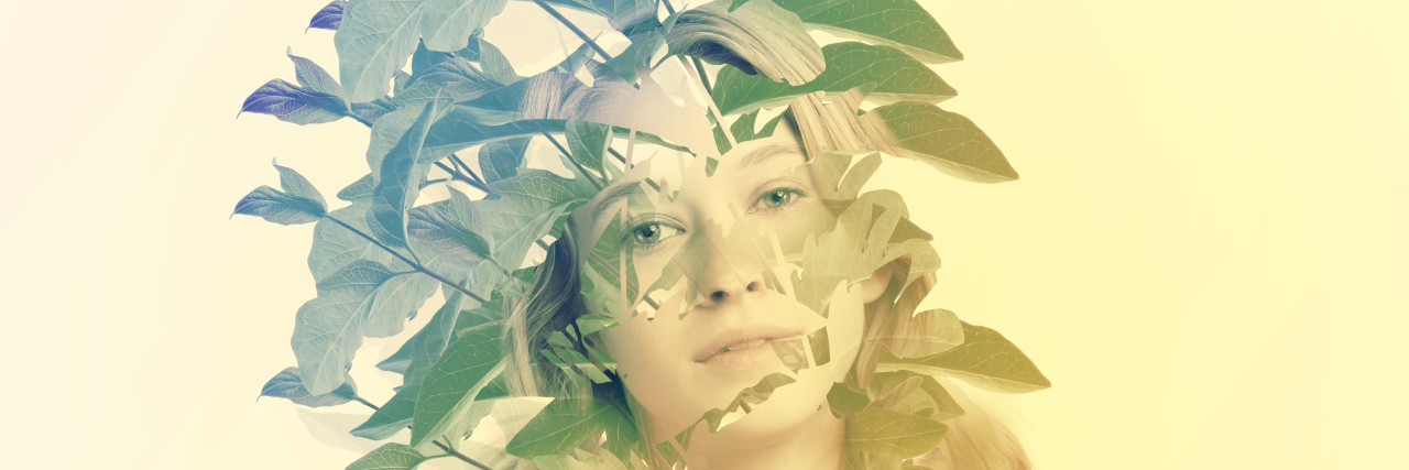Portrait of woman with abstract leaves.