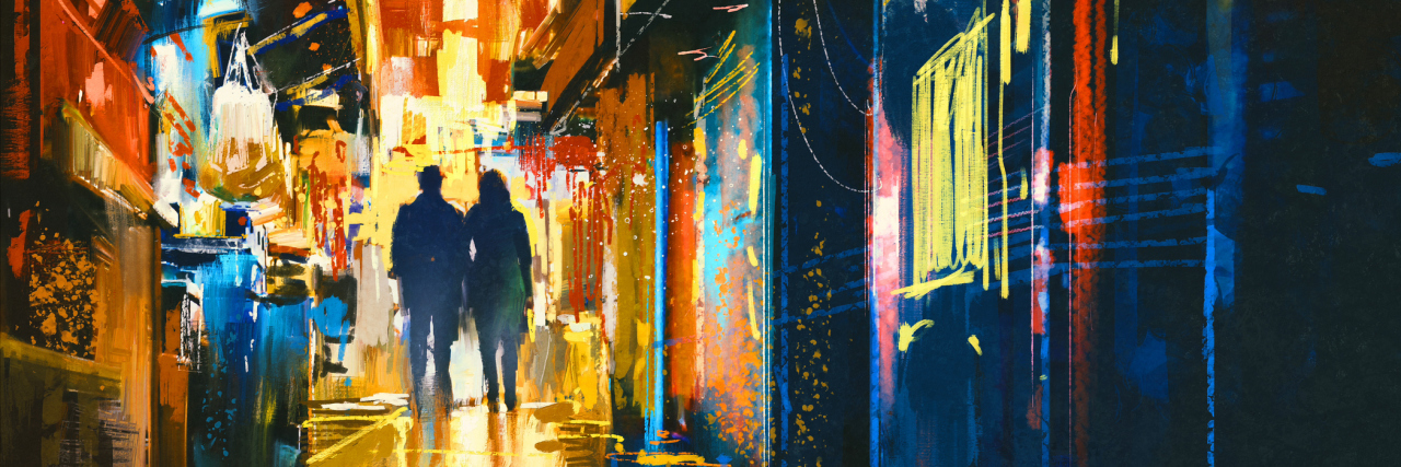 Why It’s OK to Feel Angry or Resentful With Chronic Illness couple walking in alley with colorful lights,digital painting