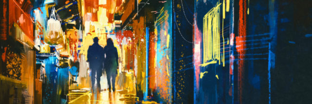 couple walking in alley with colorful lights,digital painting