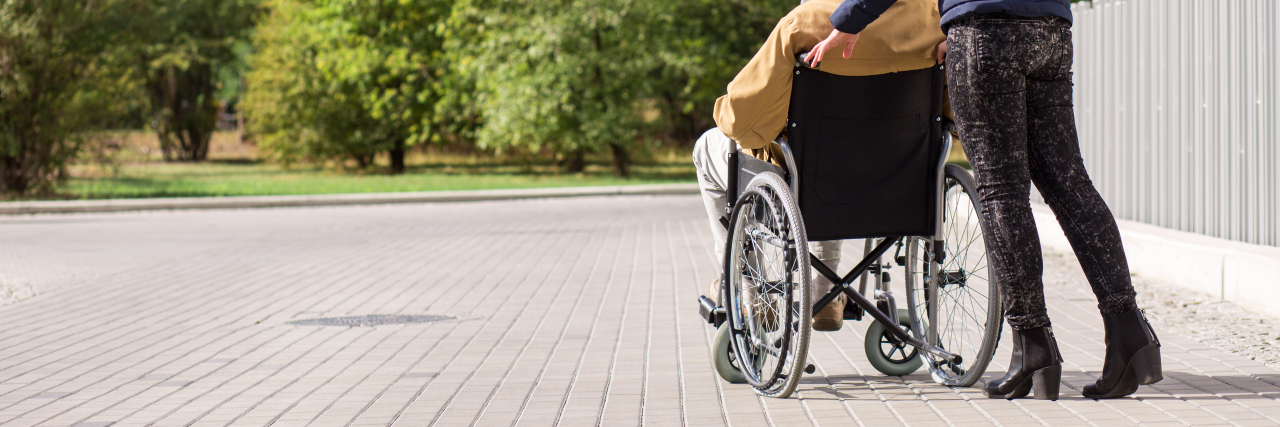 Please Respect the Personal Space of People With Disabilities Disabled man being pushed in wheelchair.