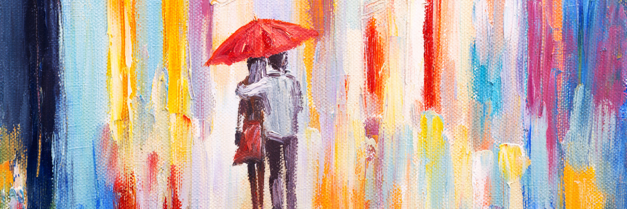 couple is walking in the rain under an umbrella, abstract