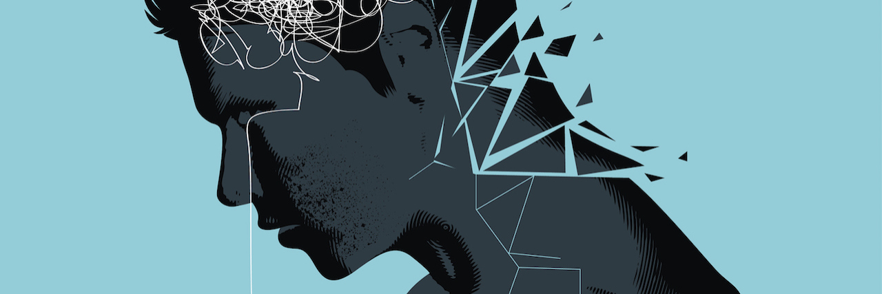 What I Want You to Know: The Night I Tried to Kill Myself Illustration of A man with his head lowered shattering showing mental health issues.