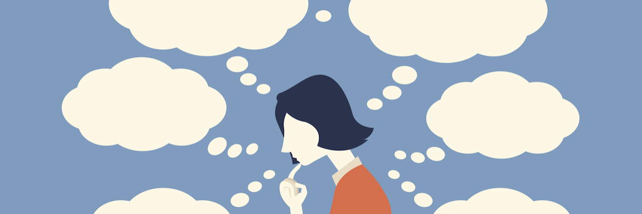 Illustration of woman thinking, surrounded by thought bubbles