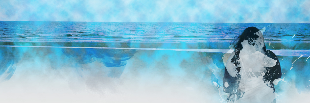 Abstract a woman stand looking beach and sea on watercolor painting background.