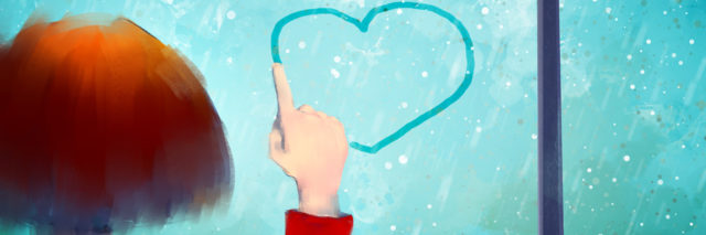 digital painting of little girl drawing heart on the window, acrylic on canvas texture, story telling illustration