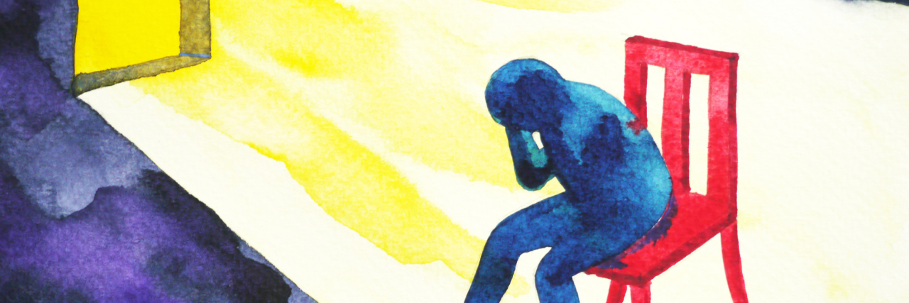 When Financial Instability Triggers Suicidal Thoughts blue man in the dark room with open window and lighting shine, abstract watercolor painting