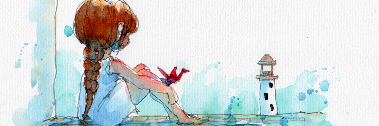 watercolor painting illustration set of girl in white dress with red paper birds and lighthouse, hand drawn on paper