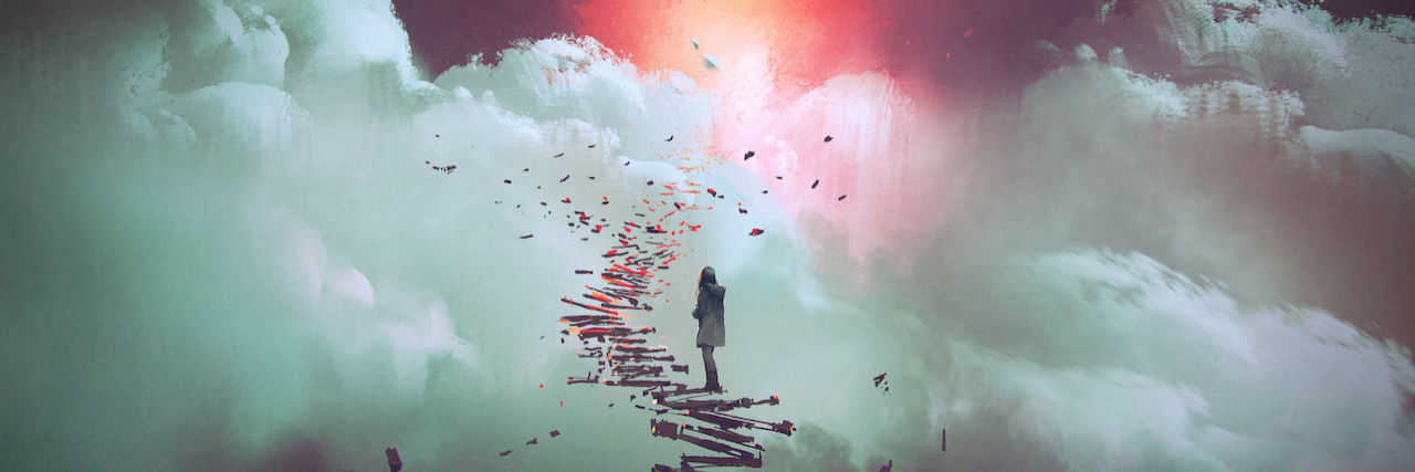 What It's Like to Hear Voices An abstract portrait of a woman going up a flight of stairs that is disappearing