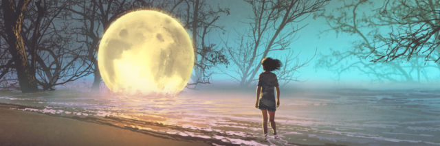 illustration of woman walking along beach with fallen moon in waves