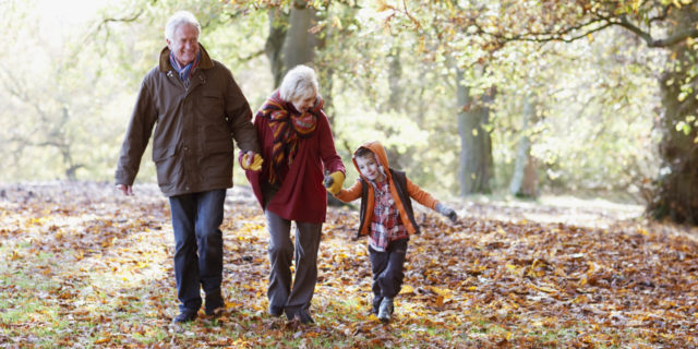 two grandparents hand in hand with their grandson walking in a park