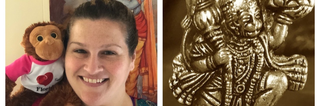 The Miracle of Weirdness for Your Mental Health woman with a stuffed animal monkey on her shoulder