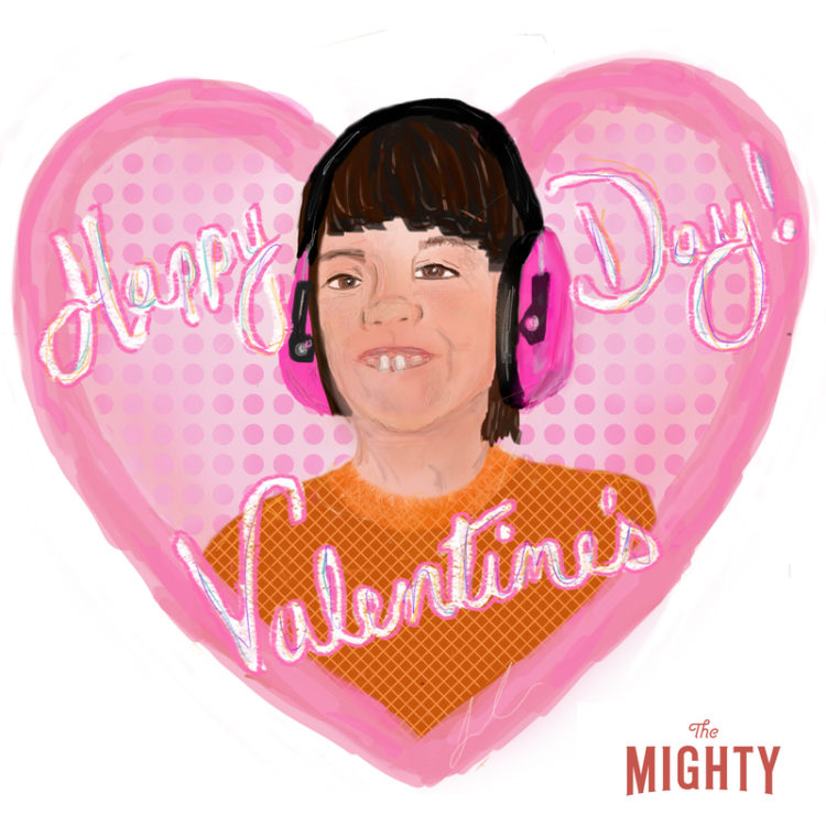 valentine's day card showing a little girl with noise-cancelling headphone