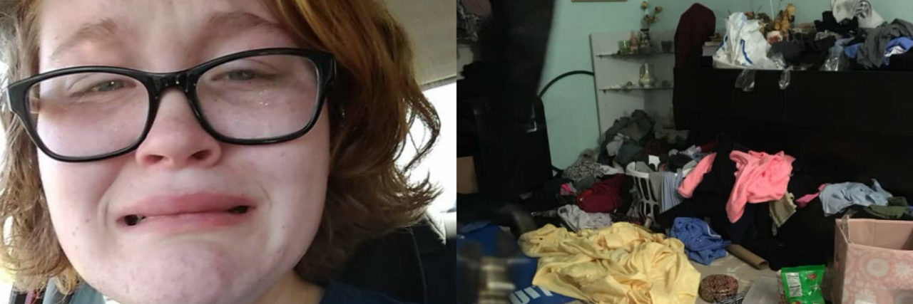 side by side photo of woman crying and messy bedroom