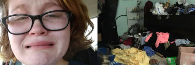 side by side photo of woman crying and messy bedroom