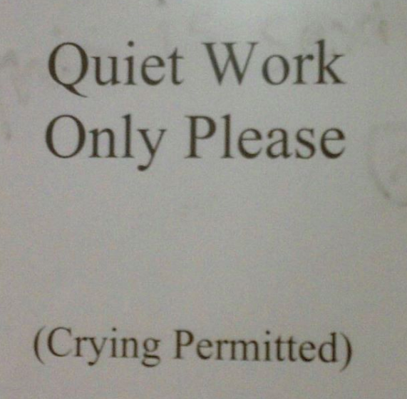 Meme text: Quiet work only please (crying permitted)