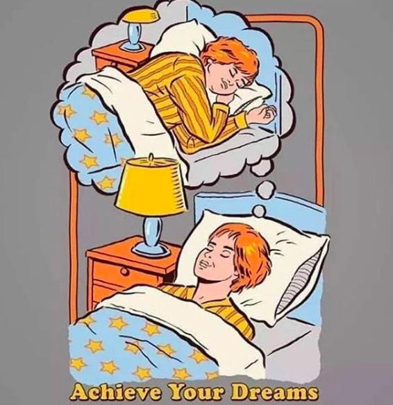 meme text: acheive your dreams. Meme image: person dreaming about sleeping