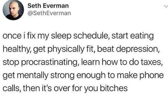 once i fix my sleep schedule, start exercising, eat healthy, get physically fit, stop procrastinating, beat depression, then I'll be strong enough to make phonecalls and it'll be over for you bitches