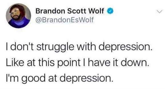 I don't struggle with depression. Like at this point I have it down. I'm good at depression.
