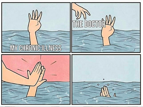 a hand labeled chronic illness reaches out of the water. a hand labeled doctor reaches down from above. the hand labeled doctor gives the other hand a high five. the hand labeled chronic illness sinks under the water.