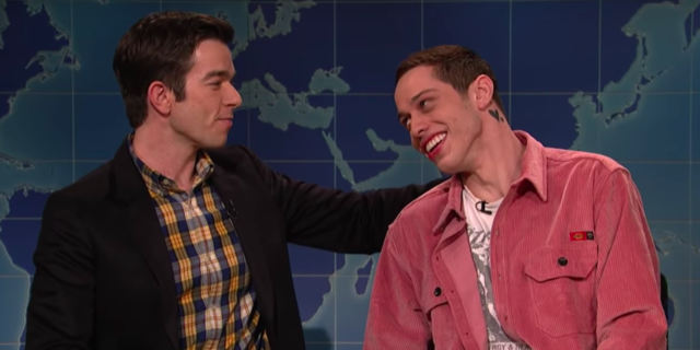 Pete Davidson Jokes About His Suicide Post on SNL's 'Weekend Update' john mulaney and pete davidson looking at one another on SNL's Weekend Update