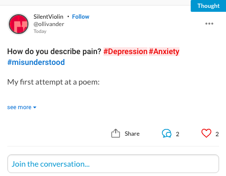 How do you describe pain? #Depression#Anxiety#misunderstood My first attempt at a poem: How do you describe a pain that goes so deep that no doctor can detect it? A pain that you can't remember ever living without, yet you never used to know pain. And you've never known pain this bad. Because every time it comes back it hurts more.