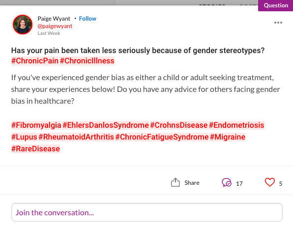 Has your pain been taken less seriously because of gender stereotypes? #ChronicPain#ChronicIllness If you've experienced gender bias as either a child or adult seeking treatment, share your experiences below! Do you have any advice for others facing gender bias in healthcare?
