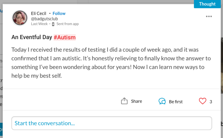 An Eventful Day #Autism Today I received the results of testing I did a couple of week ago, and it was confirmed that I am autistic. It's honestly relieving to finally know the answer to something I've been wondering about for years! Now I can learn new ways to help be my best self.