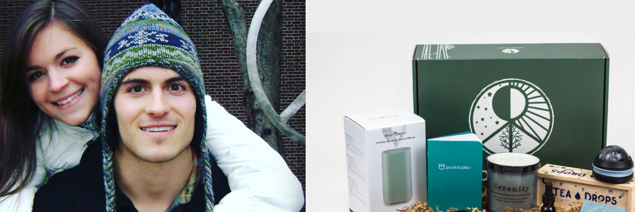 The Anxiety Subscription Box I Made After My Brother's Suicide split screen of sister and brother and then a subscription box for mental health