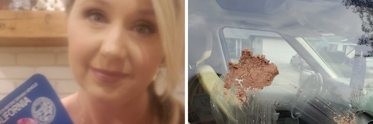 Realtor Finds Car Smeared in Dog Feces After Using Disability Placard Shellie Nichol Chandar holding up her disability placard; car window smeared with dog feces.