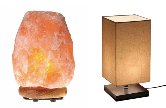 salt lamp and square desk lamp with soft brown shade