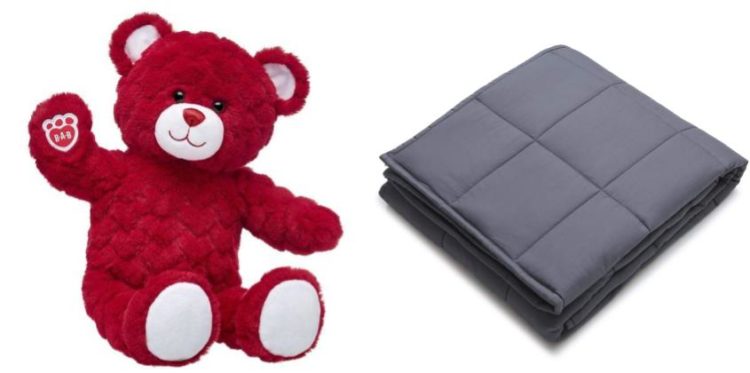Red teddy bear and grey blanket