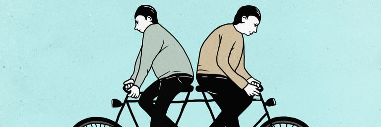 Late Diagnosed Autism and Personal Conflict Two men riding a tandem bicycle in opposite directions.