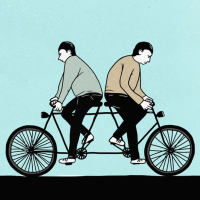Two men riding a tandem bicycle in opposite directions.