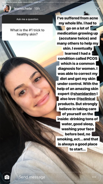 photo of lea michele and her caption about having pcos