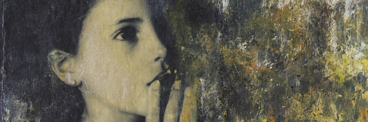 How PCOS and Kidney Disease Affected My Weight Collage and acrylic painting which shows a girl figure with hand over mouth and pensive gesture.