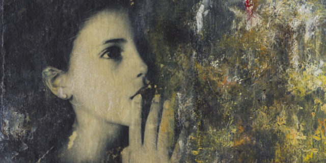 Collage and acrylic painting which shows a girl figure with hand over mouth and pensive gesture.