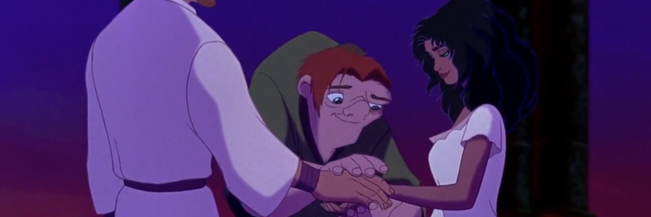 Quasimodo joins Esmeralda's hand with Phoebus's in Disney's animated film "The Hunchback of Notre Dame."