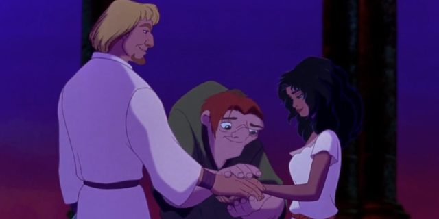 Quasimodo joins Esmeralda's hand with Phoebus's in Disney's animated film "The Hunchback of Notre Dame."