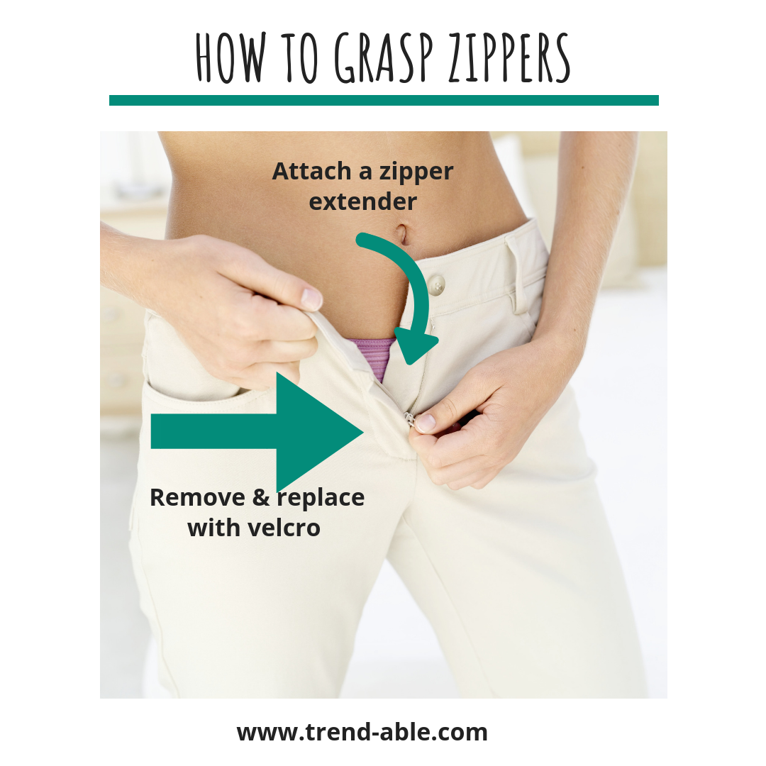 woman zipping up pants with diagram of holding waistband and using a zipper pull.