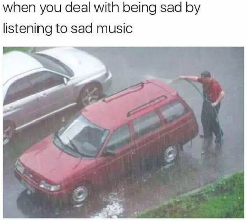 Meme image: man washing car in the rain. Meme text: when you deal with being sad by listening to sad music