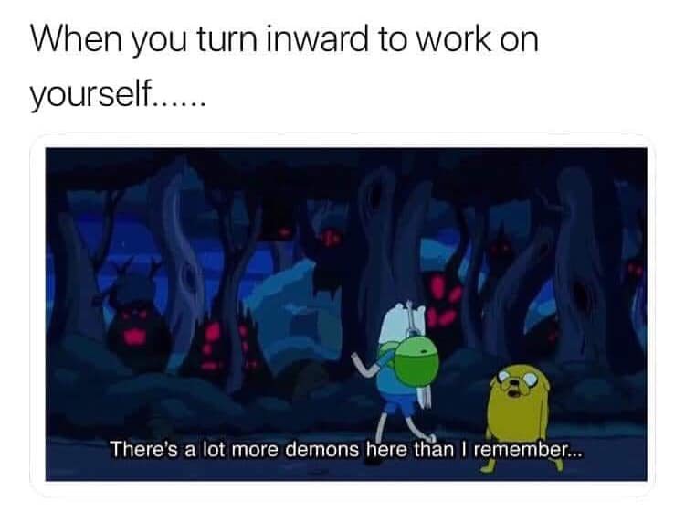 when you turn inward to work on yourself. Meme image: "there are more demons here than I rememeber"