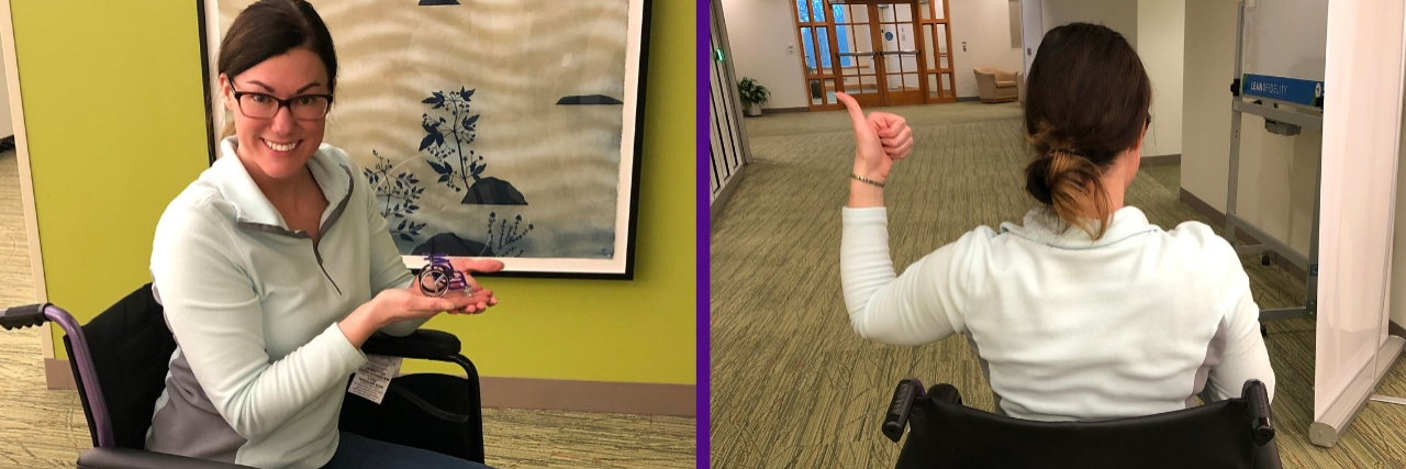 My Co-Workers Got Me a New Wheelchair A woman sitting in a purple wheelchair