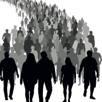 image of people walking together in a crowd, illustration