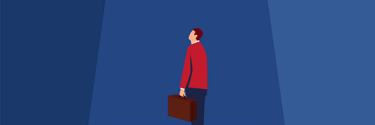 An illustration of a man holding a suite case trapped in a box